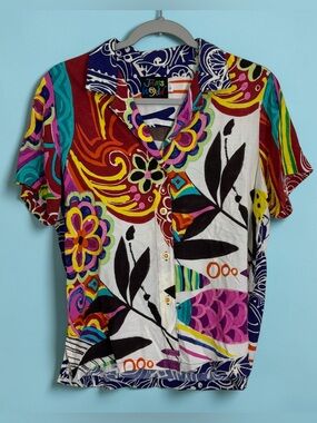 Jams World Vintage Colorful Floral Button-Up Shirt Size Small Art to Wear Fish